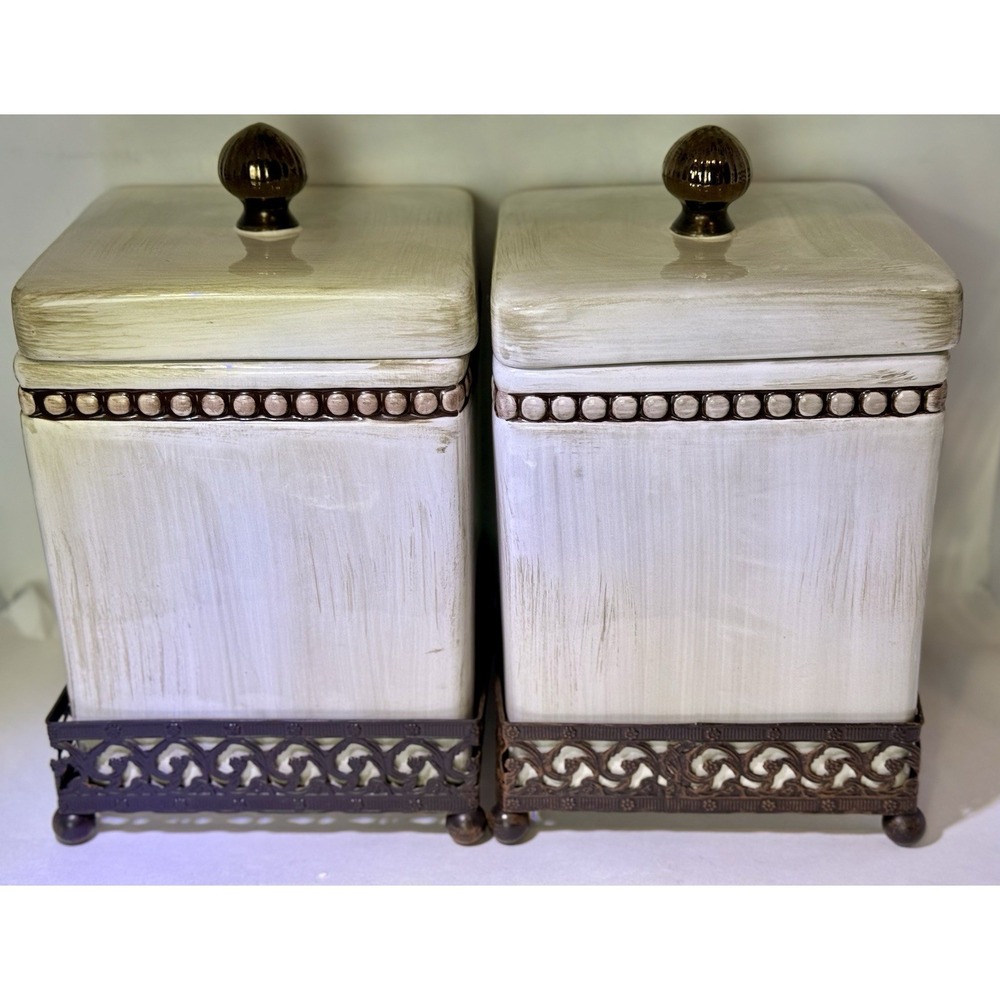 Godinger Beaded Canister Set of 2 Metal Scroll Stand Farmhouse